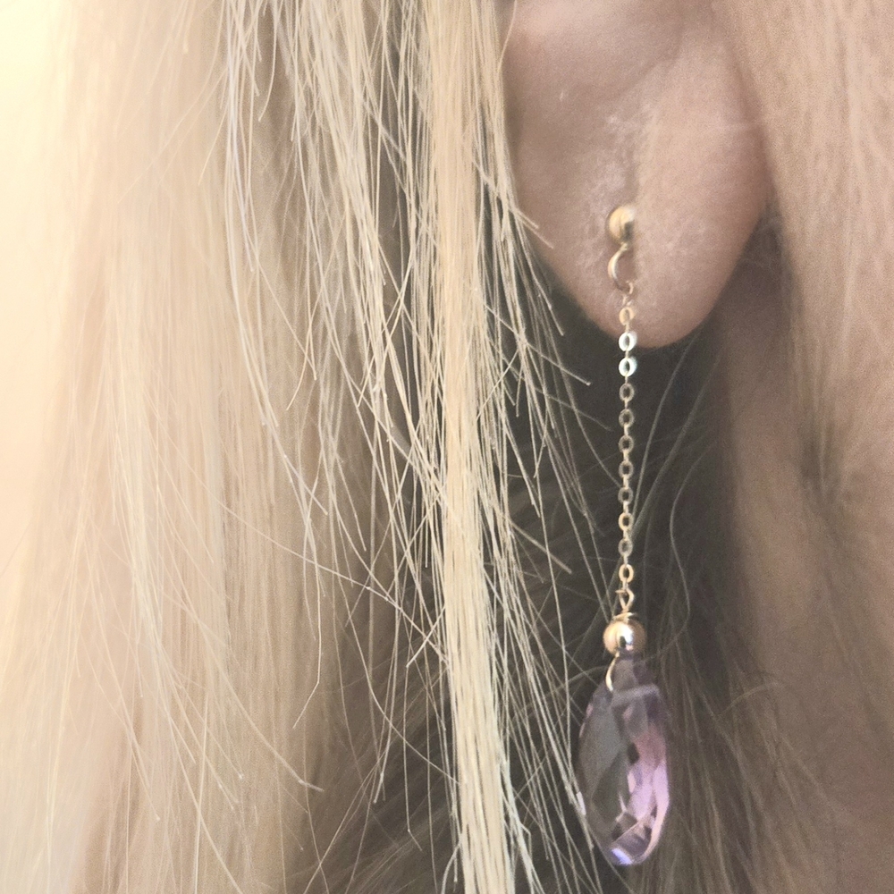14K Solid Yellow Gold Semiprecious Amethyst Drop Earrings - - Picture 4 of 12